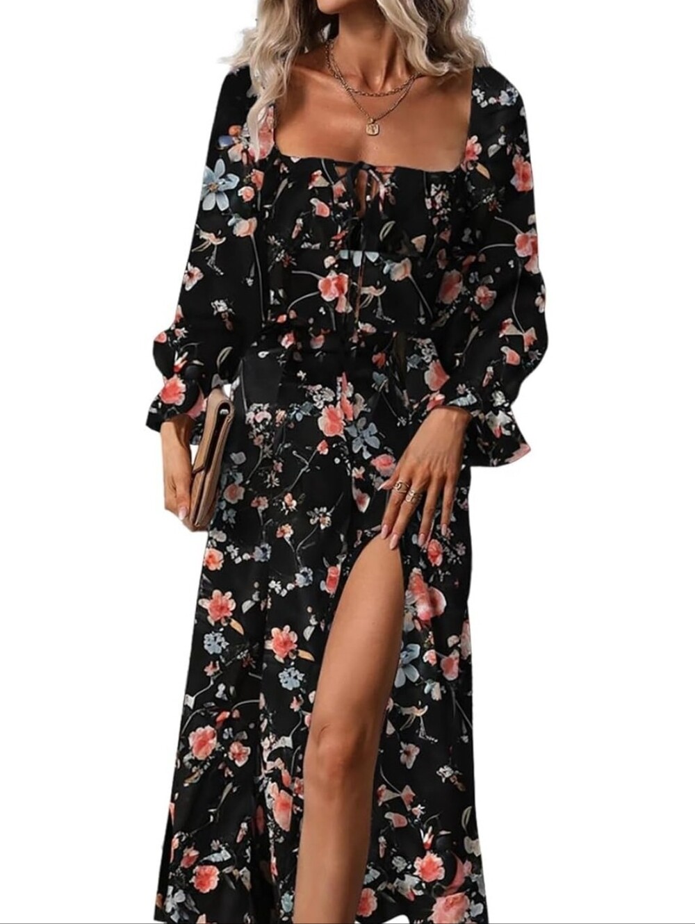 Womens Casual Square Neck Long Sleeve Boho Floral Maxii Dress Print Side Split